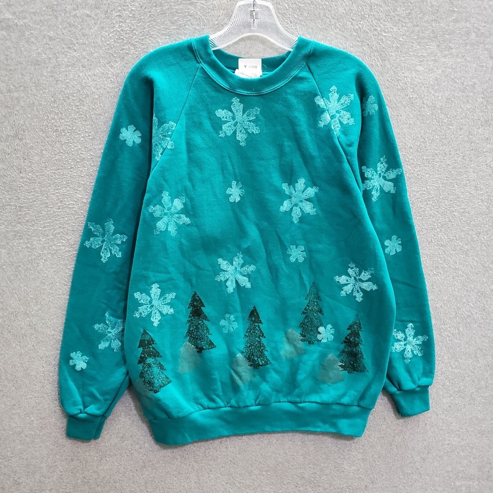 Vintage Santee Women Sweater Large‎ Blue Hand Stamp Snowflake Pine Tree